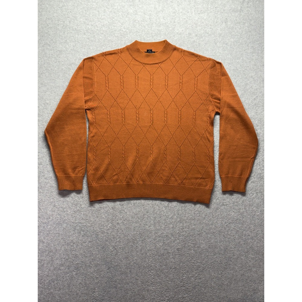 Peletti Mens Burnt Orange Diamond Cable Knit Mock Neck Sweater Large